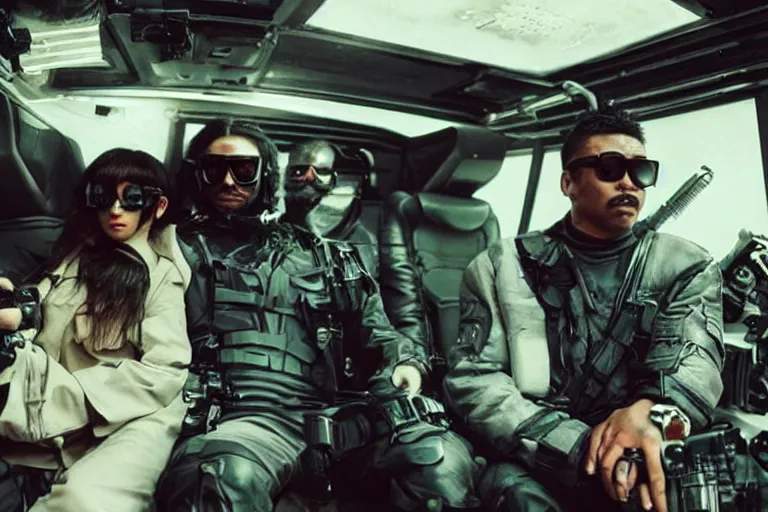 Prompt: movie diverse interracial team of Japanese sci-fi futuristic robbers armed with rifles interior clean futuristic tactical van, cyberpunk city, sunglasses, goggles, beautiful skin, Symmetrical faces. natural lighting by Emmanuel Lubezki