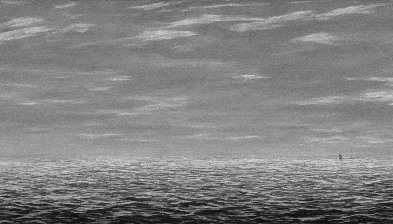 Prompt: huge open ocean oceanscape with horizon by Moebius, minimalist, detailed, black and white