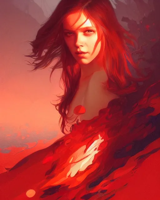 Image similar to emily rajtkowski, lake, red, flames everywhere, highly detailed, digital painting, artstation, concept art, smooth, sharp focus, illustration, art by artgerm and greg rutkowski and alphonse mucha