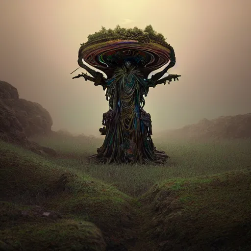 Prompt: ancient dead god being in desolate and lush landscape, moody, iridescent, opalescent :: by James Jean, Jeff Koons, Dan McPharlin Daniel Merrian :: ornate, dynamic, particulate, rich colors, intricate, elegant, highly detailed, centered, artstation, smooth, sharp focus, octane render, 3d