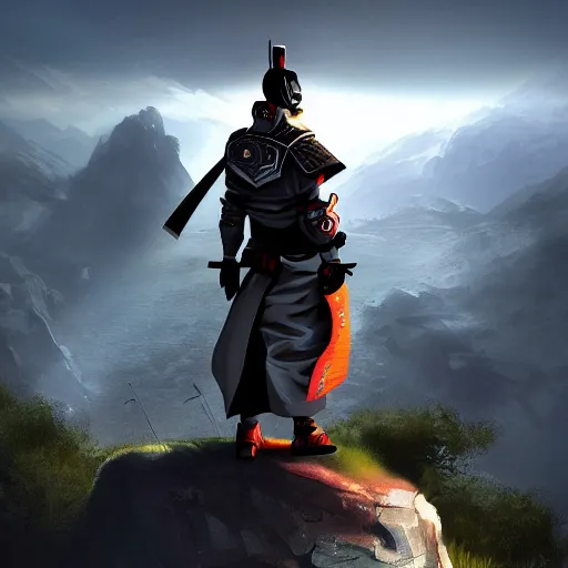 Image similar to a futuristic samurai warrior standing edge of the cliff, sun in the background, epic concept art, bold, sharp, beautiful, trending on artstation