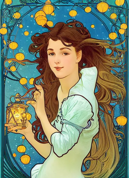 Image similar to well - lit art nouveau portrait of a young innocent girl with hair blowing in the wind in a flower garden with lanterns and fireflies at night,, natural lighting, path traced, highly detailed, high quality, cartoon, digital painting, by don bluth and alphonse mucha and ross tran