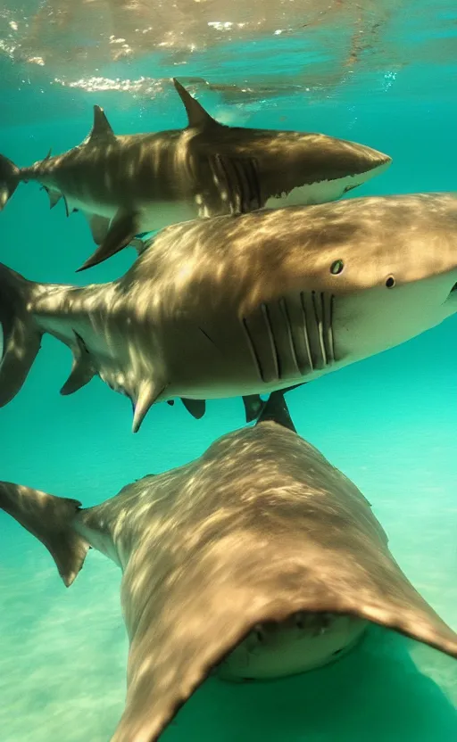 Image similar to im under water swimming with the fishes, i looked over and see a big shark swimming towards me, 8 k, gopro