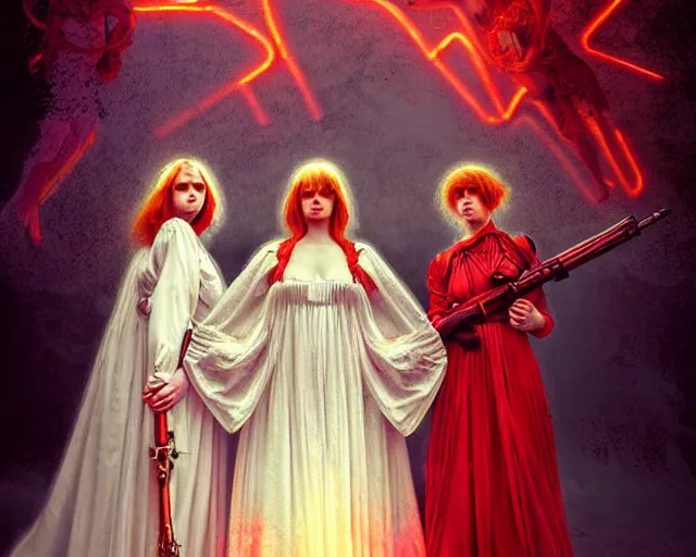 Image similar to three soldiers with beautiful angelic faces, wearing psychedelic wicca, in wedding dresses, red neon weapons, full body, dark and mysterious, atmospheric, ominous, eerie, cinematic light, epic, 8 k 3 d, ultra detail, ultra realistic, by wlop, by mucha, by giger