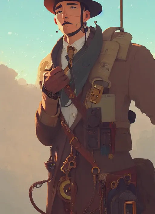 Prompt: detailed portrait of beautiful male steampunk traveller, by cory loftis, atey ghailan, makoto shinkai, hasui kawase, james gilleard, beautiful, peaceful, calm