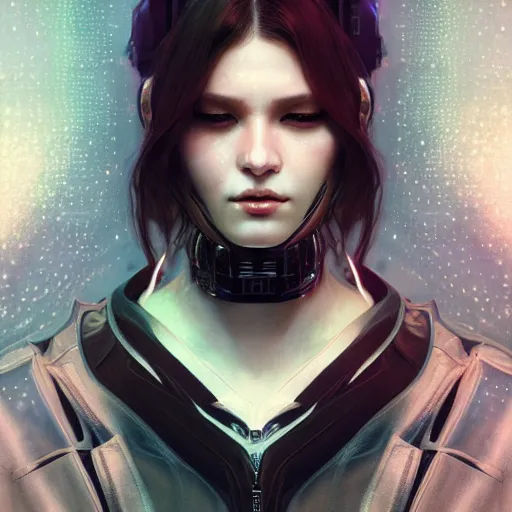 Prompt: portrait of a beautiful cyborg woman, leather jacket, at futuristic cyberpunk tokyo night, sci - fi and fantasy, intricate and very very very beautiful, highly detailed, digital painting, artstation, concept art, smooth and sharp focus, illustration, art by tian zi and wlop and alphonse mucha