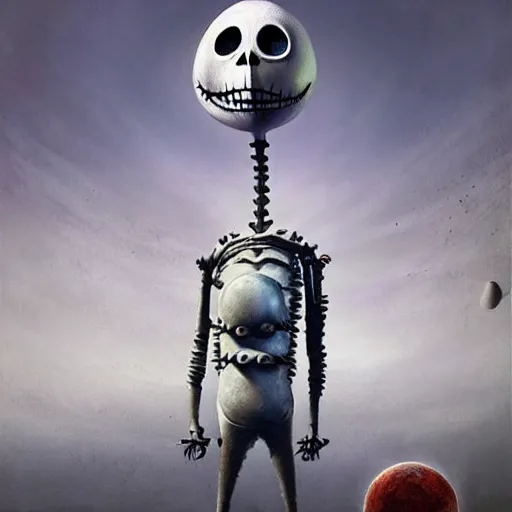 Prompt: michal karcz surrealism Pastel painting of the end of an astronaut happy in the galaxy. , in the style of jack skellington, in the style of a clown, loony toons style, horror theme, detailed, elegant, intricate, 4k, Renaissance painting