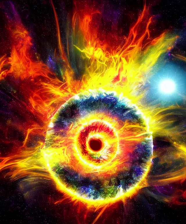 Prompt: black hole, sun, space, bright colors, surreal art, rule of thirds, phoenix flames, nebula clouds, soft tones