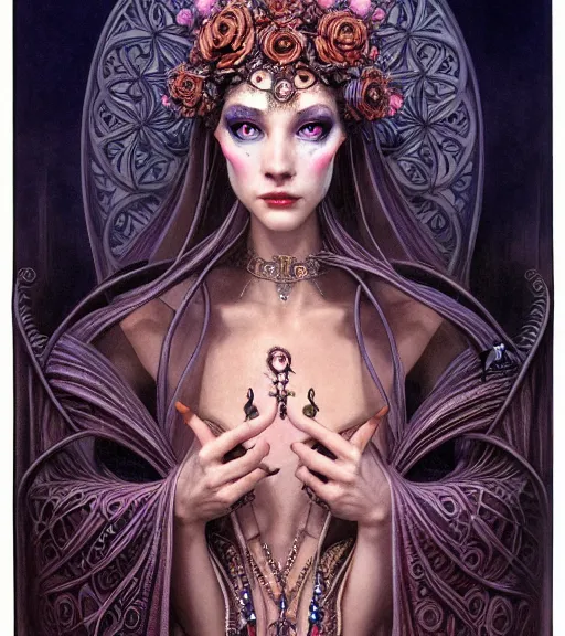 Prompt: symmetrical portrait, a beautiful female sorceress in dress, pretty, detailed and intricate, perfect body shape, perfect face, hypermaximalist, elegant, ornate, luxury, elite, matte painting, cinematic lighting, james jean, brian froud, wayne barlowe