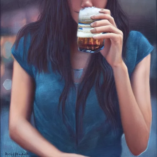 Image similar to 4k,ultra detailed portrait of Madison Beer drinking beer at the parking lot by Rachel Ruysch