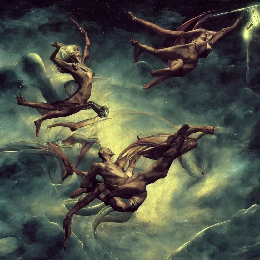 Prompt: still frame from Prometheus movie Slaanesh succubus goddess flying through nebula by wayne barlowe by caravaggio by giger by malczewski, avantgarde 4k wallpaper