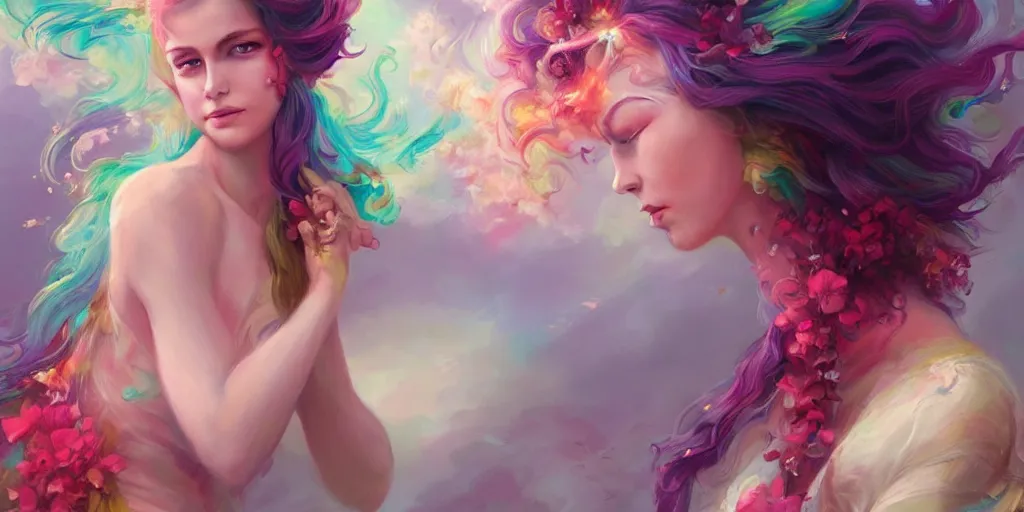 Image similar to a colorful and provenance portrait painting of a fantasy female with floral wings, detailed, highly detailed, hair made of hair made of air wind and curling smoke, mist, dust, genie, spirit fantasy concept art ， art by charlie bowater, trending on artstation.
