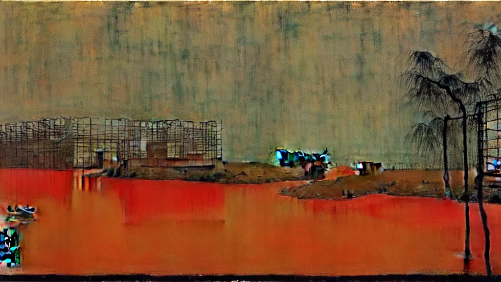 Image similar to a chinese prison near a river by peter doig, muted colors