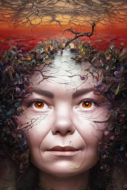 Image similar to beautiful bjork portrait by hubert robert and lee madgwick and roger dean and jacek yerka, dan mumford and alex grey style, soft lighting, 4 k hd wallpaper illustration concept joy atmospheric lighting