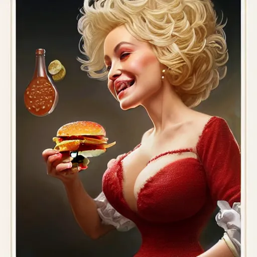 Prompt: portrait of dolly parton eating hamburgers, extra onions and ketchup, luscious patty with sesame seeds, feminine ethereal, handsome, d & d, fantasy, intricate, elegant, highly detailed, digital painting, artstation, concept art, matte, sharp focus, illustration, art by artgerm and greg rutkowski and alphonse mucha