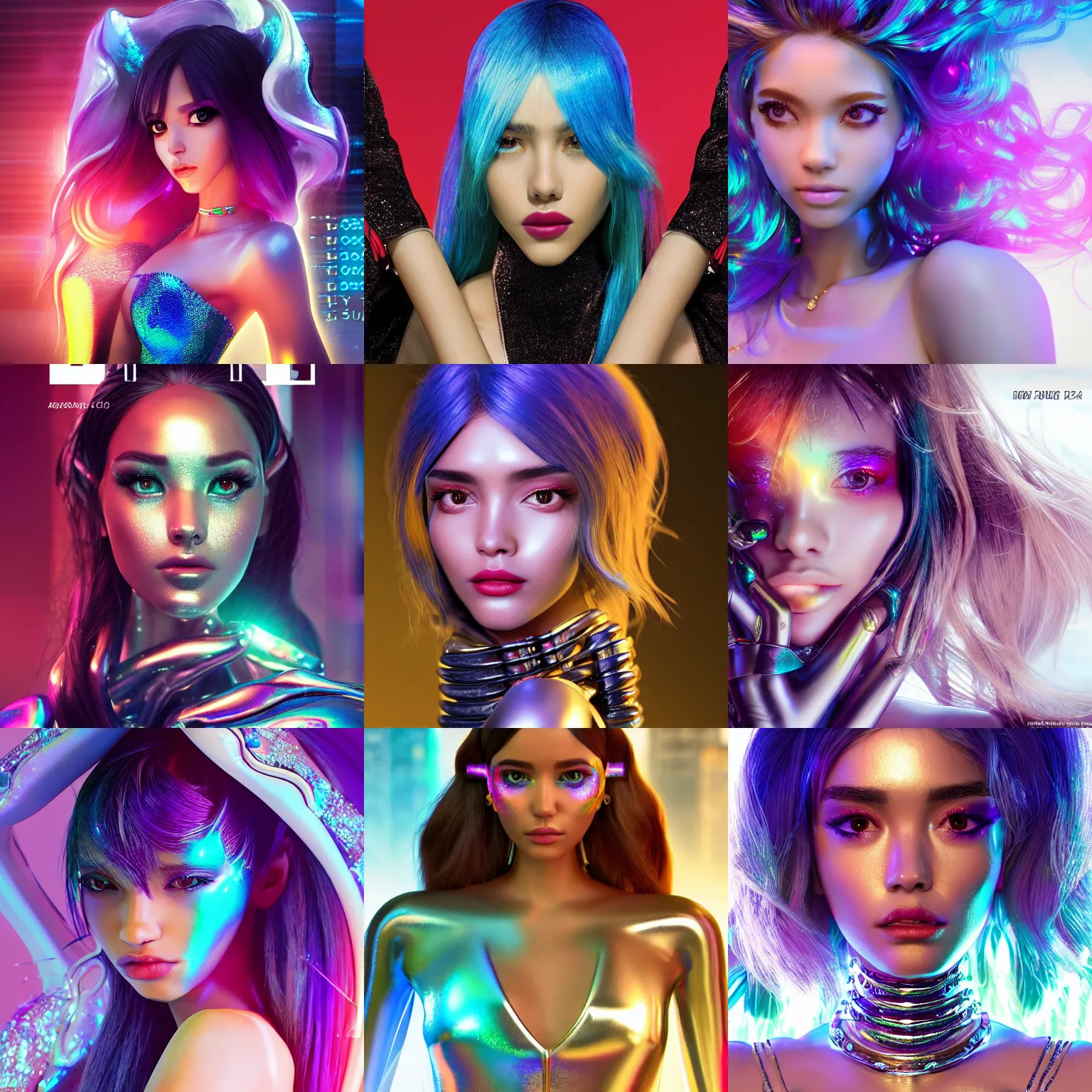 Prompt: BOTS magazine cover portrait :: of a cute gorgeous shiny pearlescent iridescent young woman cyborg on a crowded packed nyc sidewalk, high fashion photoshoot, elaborate hair, intricate details, jewelry, :: octane render, volumetric lighting, trending on artstation, anime girl, ue5, rossdraws, blender render, photoreal, :: Madison beer, Jessica alba, megan fox, adriana lima, ::