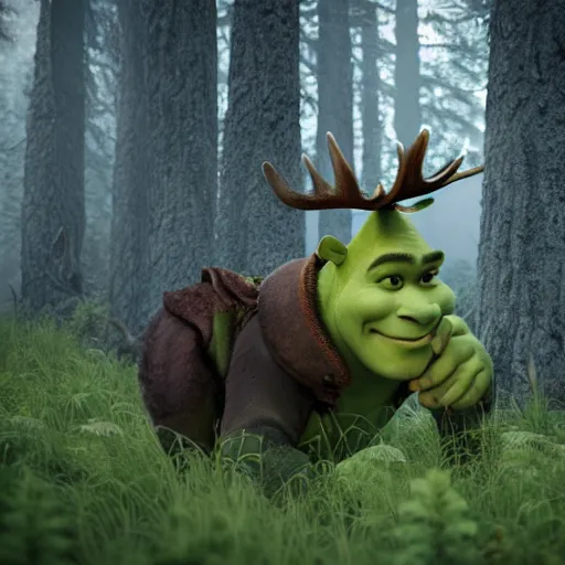 Prompt: shrek riding a moose in a dark forest, smoky, foggy, 8k, octane render,