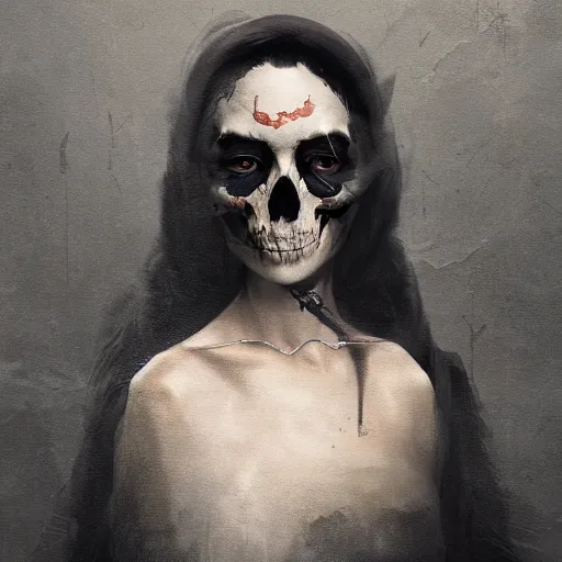 Prompt: an portrait of an woman with a skull face, Matte painting , detailed painting, made by Greg Rutkowski, 4k, atmospheric