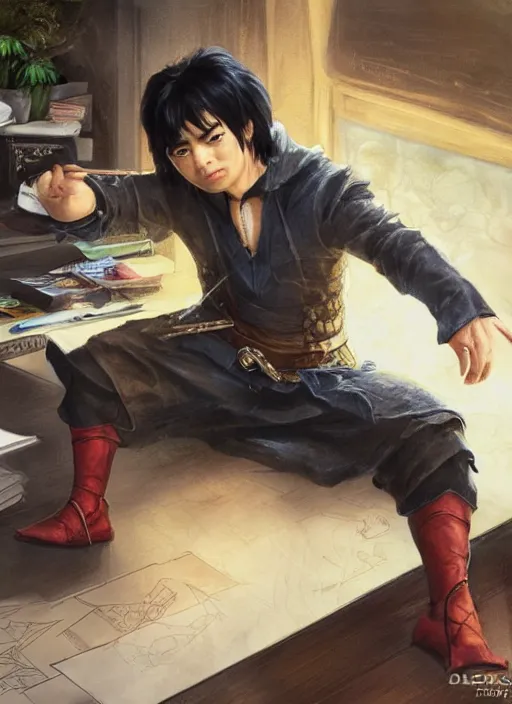 Image similar to asian with medium black hair man sitting at his desk looking down at belly, low angle, camera low, dndbeyond, bright, colourful, realistic, dnd character portrait, full body, pathfinder, pinterest, art by ralph horsley, dnd, rpg, lotr game design fanart by concept art, behance hd, artstation, deviantart, hdr render in unreal engine 5