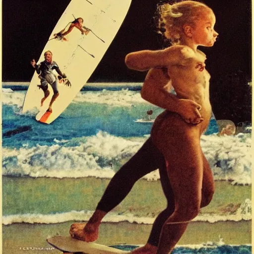 Image similar to surfing in space norman rockwell