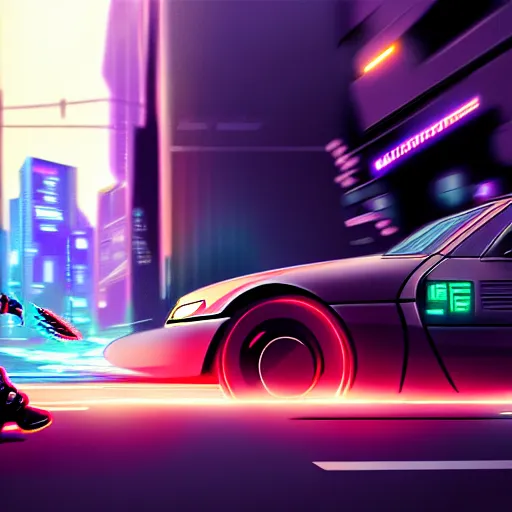 Image similar to cyberpunk dodging a moving car, in the style of greg rutkowski