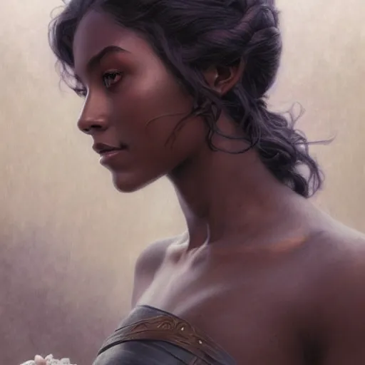 Image similar to portrait of a norse moon goddess, with dark skin, intricate, elegant, highly detailed, digital painting, artstation, concept art, smooth, sharp focus, illustration, art by artgerm and greg rutkowski and alphonse mucha and william - adolphe bouguereau