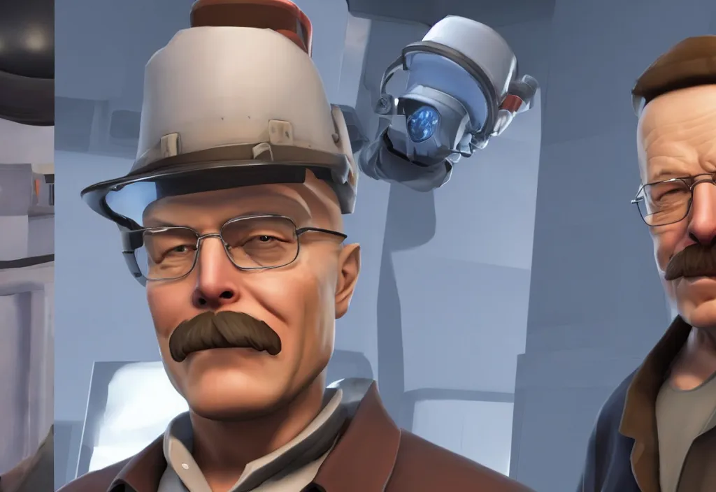 Image similar to elon musk in team fortress 2, walter white in the video game team fortress, gameplay screenshot, close up, 3 d rendering. unreal engine. amazing likeness. very detailed.