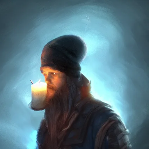 Image similar to a male adventurer wearing a black night cap with a puffball, holding a candle, portrait, d & d, science fiction, concept art, matte, sharp focus, illustration, concept art, jason chan, dan luvisi, karl thiart, uhd, 4 k, very detailed