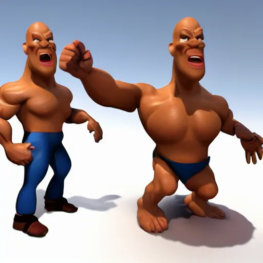 Prompt: extremely muscular bald man, small legs, exaggerated arms, 3 d model, gladiator, small head, giant chin, cell shaded, cartoon shading, gorn, vr game, video game