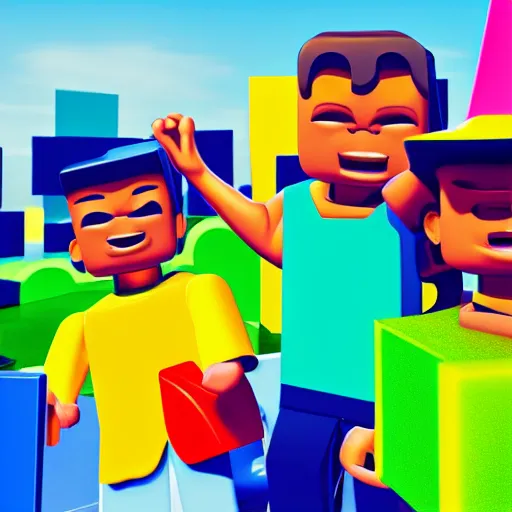 Prompt: photo of (kids with computers)!! outside in the sun, large roblox!! shapes floating all over, bright colors