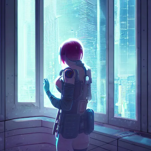 Image similar to portrait of cyberpunk woman looking out of a window, cyberpunk setting, futuristic, highly detailed, intricate lighting, digital painting, sharp focus, illustration, trending on artstation, art by makoto shinkai.