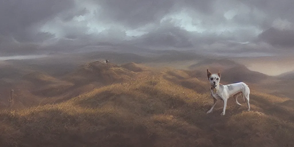 Image similar to breathtaking detailed concept art painting of a lone dog on the top of a hill overlooking a small town, by hsiao - ron cheng, extremely moody lighting, 8 k