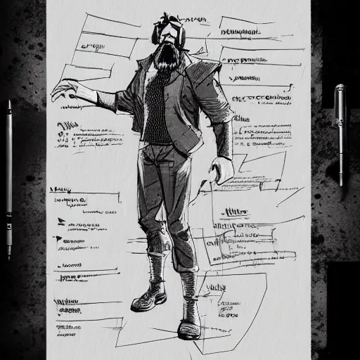 Image similar to character design sheet, concept art character, very high angle view, book cover, very attractive man with beard, walking in cyberpunk valley highly detailed full body, strong masculine features, sturdy body, command presence, royalty, smooth, sharp focus, organic, appealing, book cover, deep shadows, by Dave McKean sketch lineart for character design