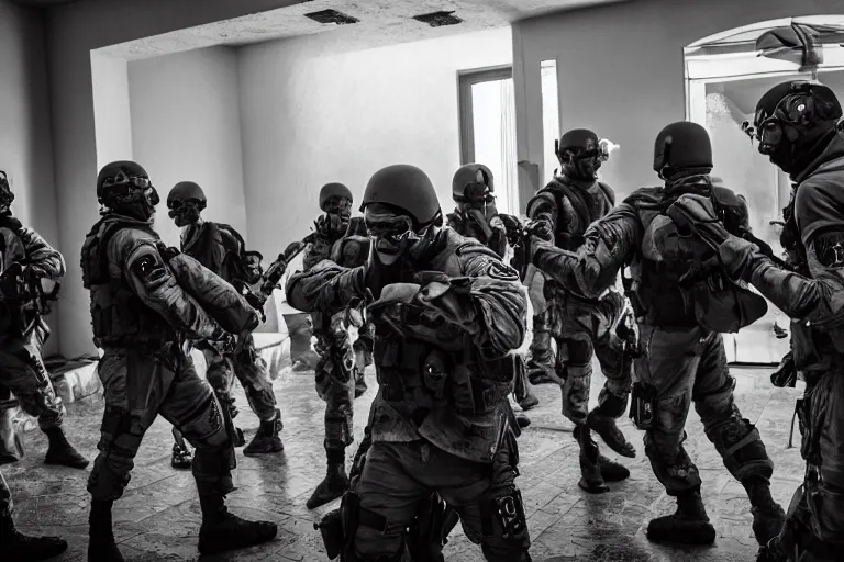 Image similar to Mercenary Special Forces soldiers in grey uniforms with black armored vest and black helmets fighting inside a mansion in 2022, Canon EOS R3, f/1.4, ISO 200, 1/160s, 8K, RAW, unedited, symmetrical balance, in-frame, combat photography