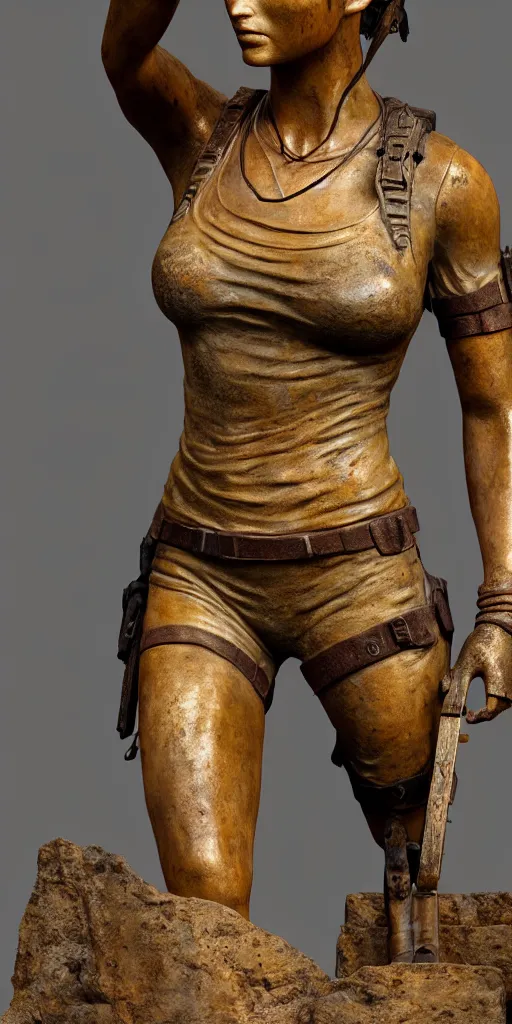 Image similar to detailed photo of an old bronze patina statue of beautiful lara croft, full body portrait, photorealism, intricate detail, museum diffuse lighting