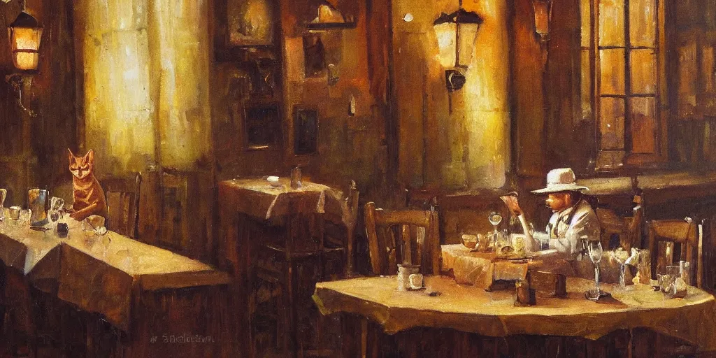 Image similar to brown cat with yellow eyes is sitting at table in a cafe at paris in early 2 0 th century. atmospheric feeling, warm colours, brown colours, yellow colours, epic scene, cinematic, very detailed, oil painting