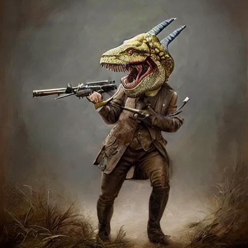 Prompt: a hyper realistic painting of a t - rex holding a musket and wearing a bicorn hat, super detailed, realistic, thick brush strokes, visible paint layers.