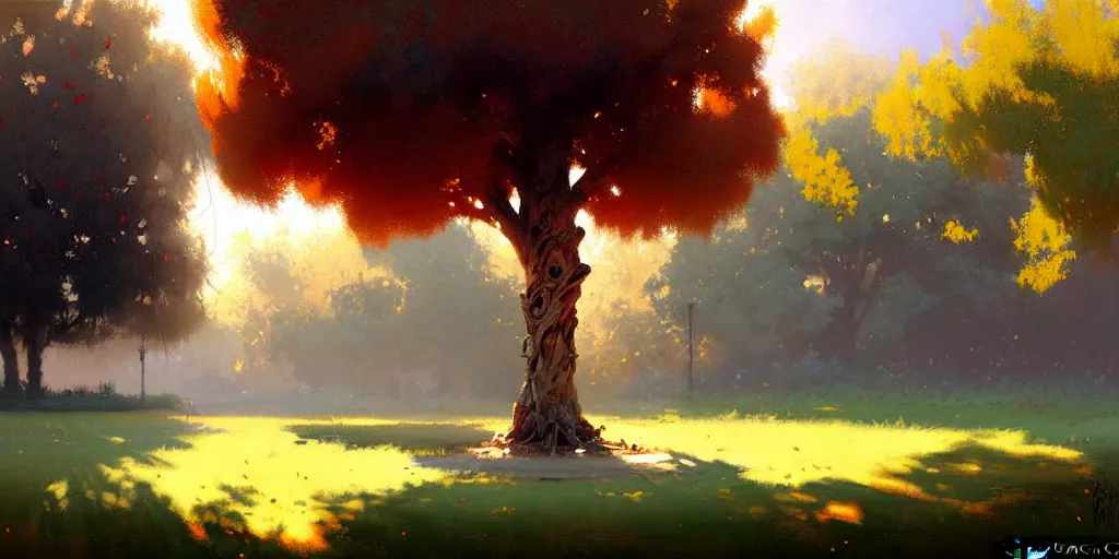 Image similar to digital art painting of a single tree in the middle of a front yard painted by craig mullins and gaston bussiere and greg rutkowski