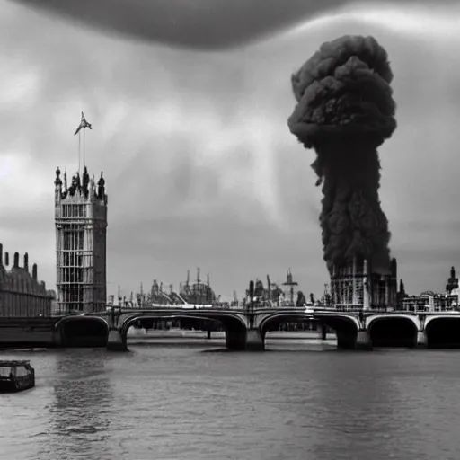 Image similar to nuclear bomb in london, big ben clock tower, huge mushroom cloud, destruction