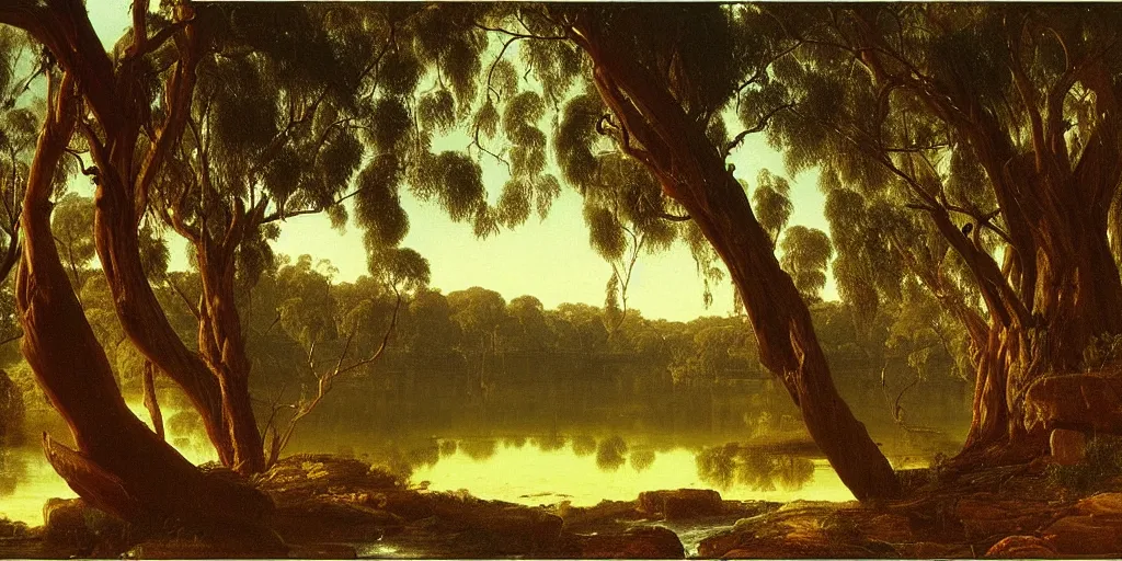 Image similar to painting of a old bluegum tree next to a meandering river by alexei savrasov and thomas cole, artstation