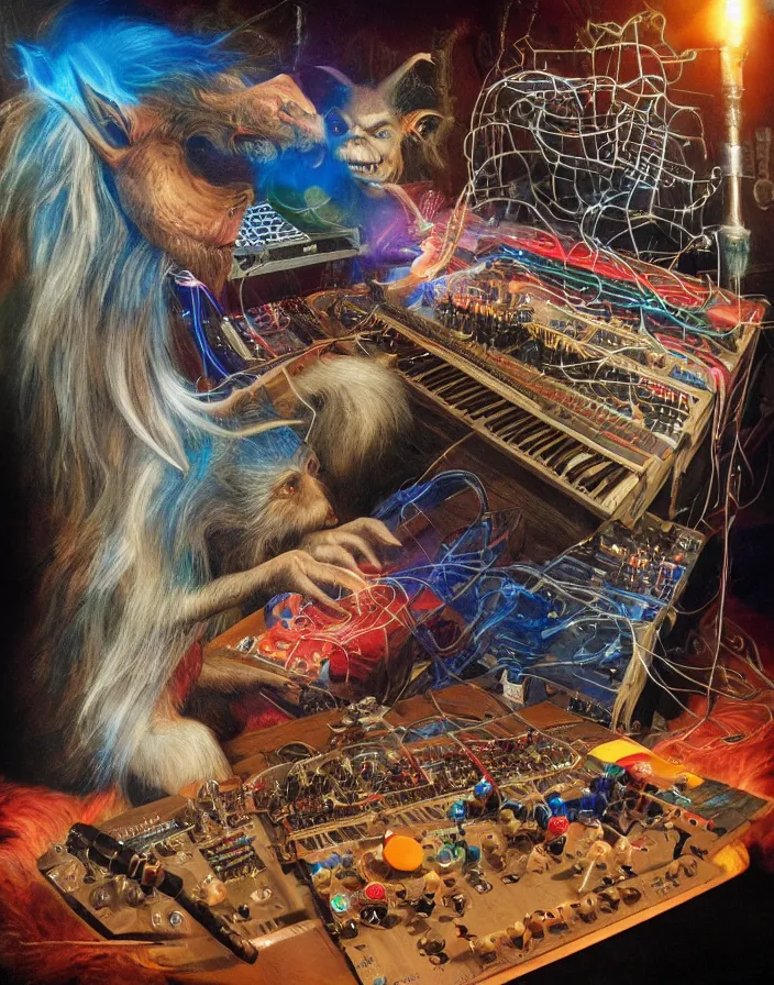 Prompt: chiaroscuro air brush fantasy hyper realistic photograph of a majestic goblin king patching a Buchla 200e modular synthesizer powered by tesla coils