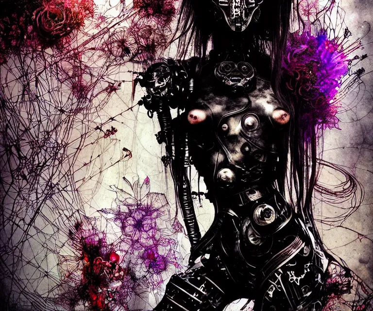 Image similar to gothic mute hybrid cyborg warrior girl, cybor clothes shaping love!, freedom fighter, eerie, cinematic, epic, 8 k, ultra realistic, rendered by awesomeness. | a psychedelic apocalypse, illustration by albrecht durer, concept art in style of carne griffiths artwork by xsullo. | backround of beautiful floweres floatingby elson, peter kemp, peter