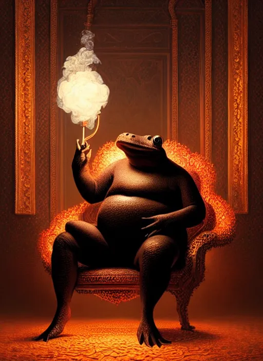 Image similar to portrait of a large black toad smoking a shisha, sitting in an armchair, intricate, elegant, glowing lights, highly detailed, digital painting, artstation, concept art, smooth, sharp focus, art by wlop, mars ravelo and greg rutkowski