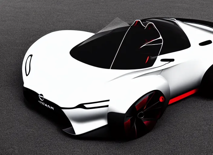 Prompt: a sports car design based on nissan sports cars, concept car, car design, symmetry, by ash thorp