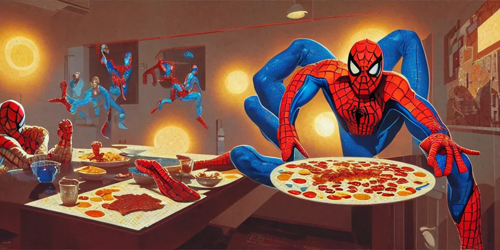 Prompt: roman mosaic of spider - man eating fried eggs and bacon, low ceiling, dynamic light, illustration by moebius, rhads, syd mead, dan mumford, clean thick line, comics style