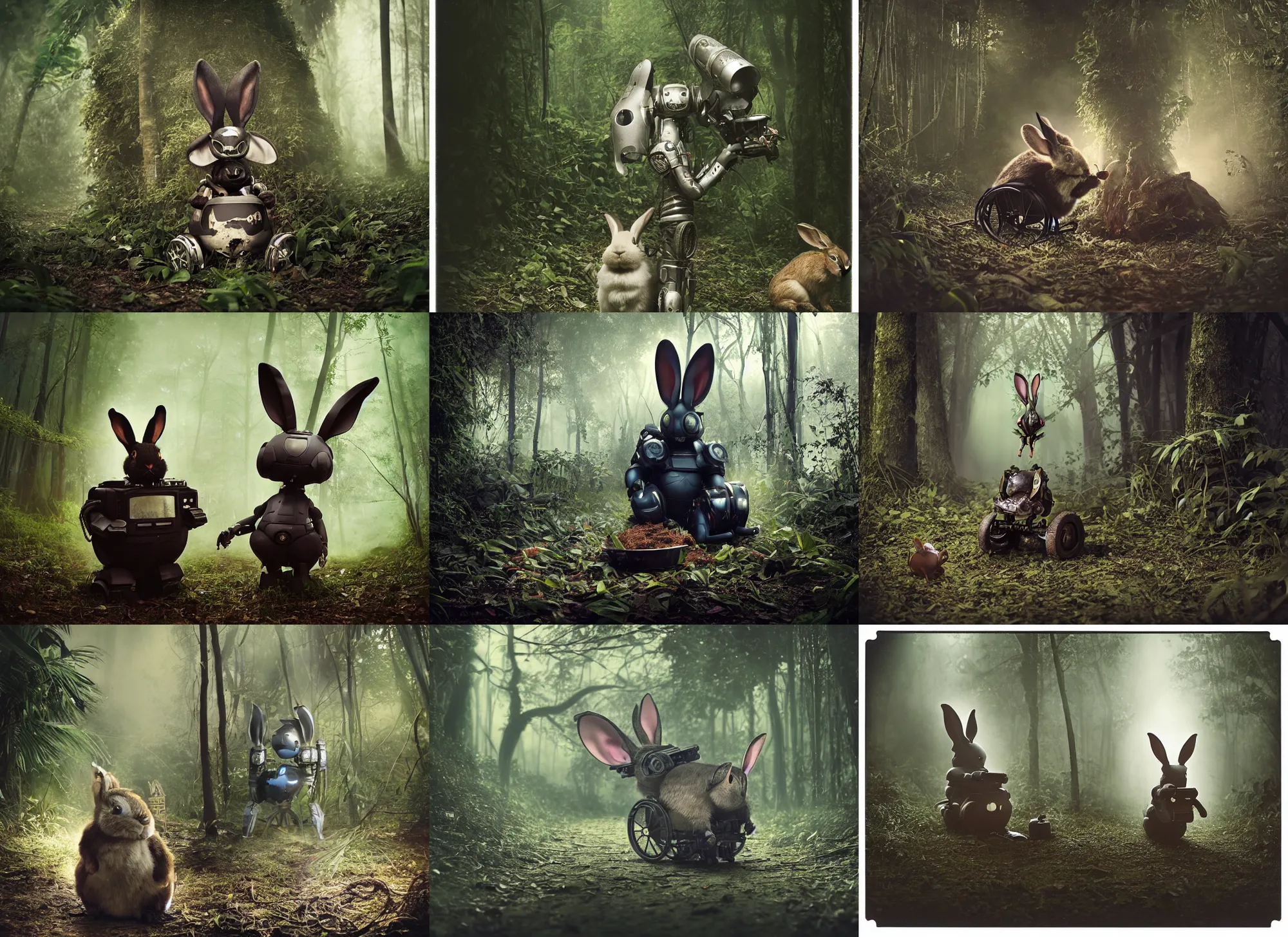 Prompt: dark night oversized battle rabbit robot chubby fatmech trailer bucket bowl wheelchair with big ears with rabbit sitting inside, in jungle forest, full body, nighttime, cinematic focus, polaroid photo, vintage, neutral dull colors, soft lights, foggy, overcast by oleg oprisco, by thomas peschak, by discovery channel, by victor enrich, by gregory crewdson
