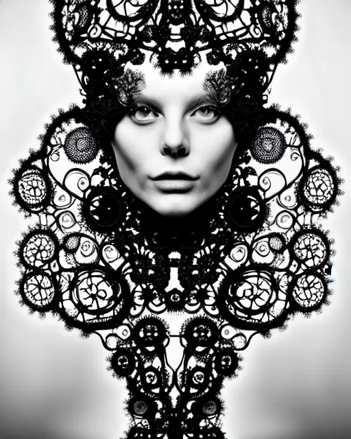 Image similar to surreal black and white photo portrait of complex bio-mechanical beautiful young female vegetal-cyborg with a Mandelbrot fractal metal fine lace face, curled silver hair, 150 mm lens, soft rim light, fine metal floral foliage super big lace collar by Alexander McQueen, high fashion, haute couture, rococo, steampunk, silver filigree details, anatomical, facial muscles, cable wires, microchip, elegant, hyper realistic, octane render, unreal engine, in the style Dora Maar, volumetric lighting, 8k,