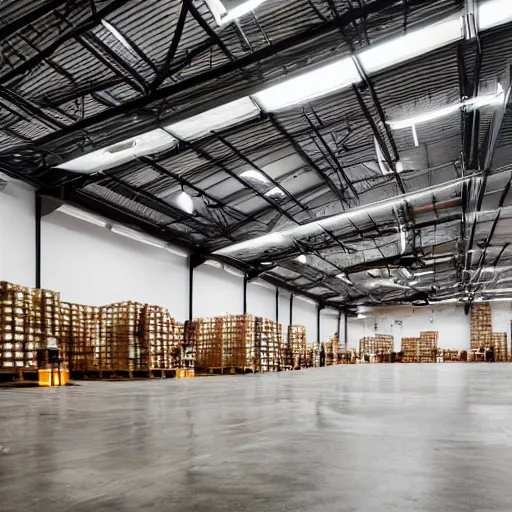 Image similar to professional photograph of industrial warehouse with bright overhead lights, and a forest growing inside of it