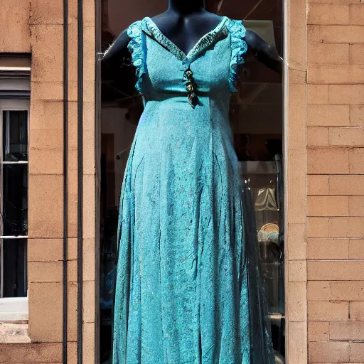 Image similar to victorian era turquoise dress on a manikin, trafalgar dress shop frontage, through the window, cobbled laneway, ambient lighting, cinematic quality, high octane, vray render, subsurface scatter, drum scanner intricate complexity, golden ratio, kojima, amano, charlie bowater museum piece, fine art