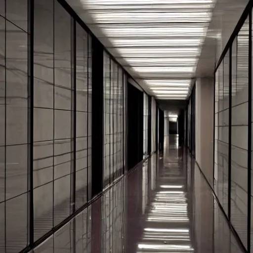 Prompt: a long hallway with glass tiles along the walls, liminal space, dark, dark lighting, liminal,